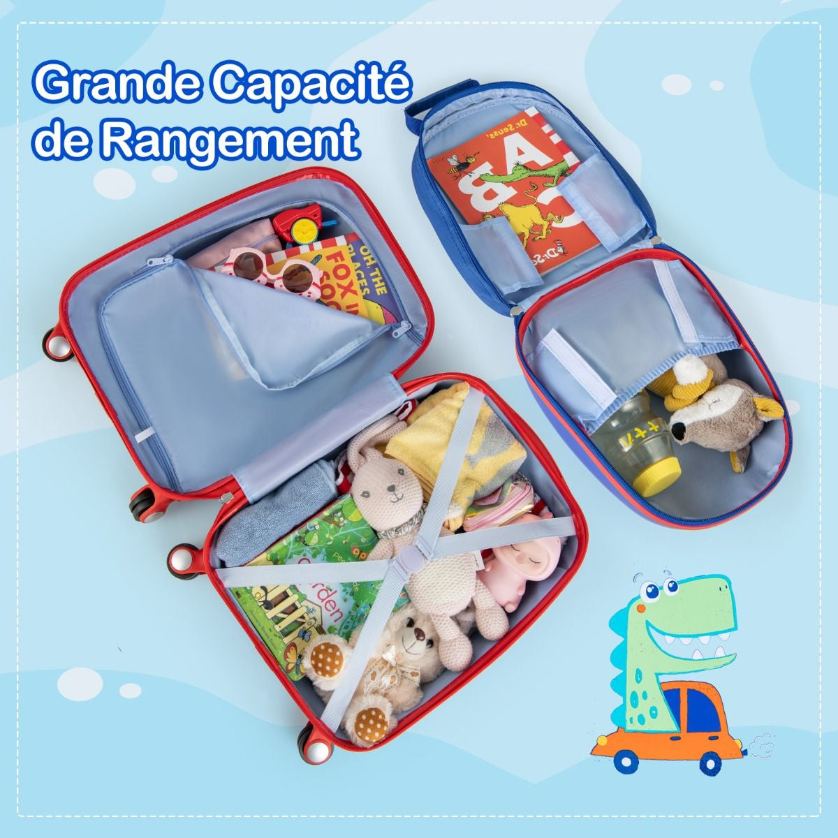 Lot De 2 Valise Cabine Enfant + Sac À Dos Bagages Enfant Pour Garçons Filles Avec Poignée Rétractable 88-100Cm Valise Dinosaure En ABS