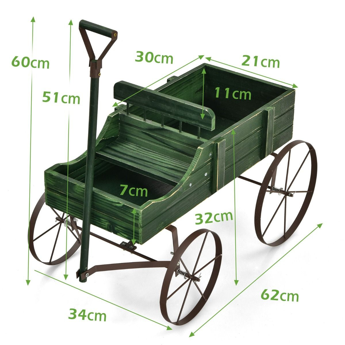 Brouette Décorative En Bois Avec 2 Compartiments À Planter Roues Métalliques Poignée Charge 15Kg Pour Cour Bleu/Café/Gris/Rouge/Vert