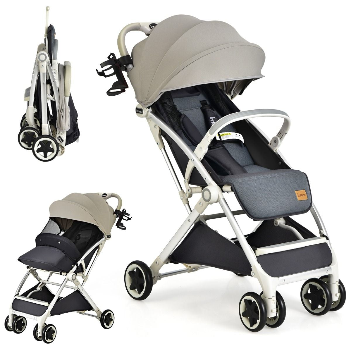 Poussette De Voyage Pour Bébé Avec Pare-Soleil Inclinable Porte-Gobelet Harnais 5 Points Dossier Réglable Chancelière Rangement Inférieur Gris/Noir