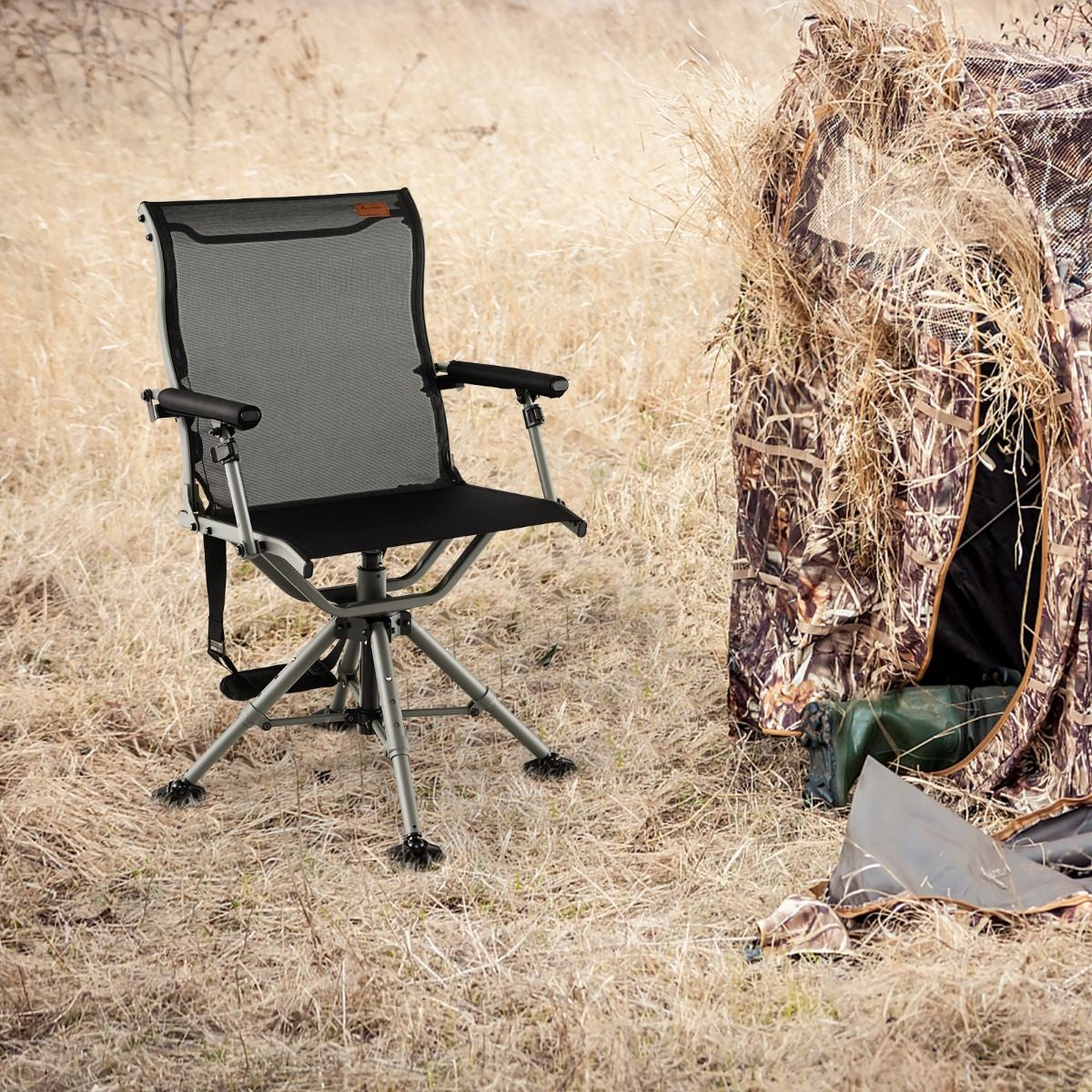 Chaise De Chasse Pivotante À 360° Pliable Hauteur Réglable Repose-Pieds Tout Terrain Accoudoirs Rembourrés Sangle De Transport Capacité 180 Kg Noir