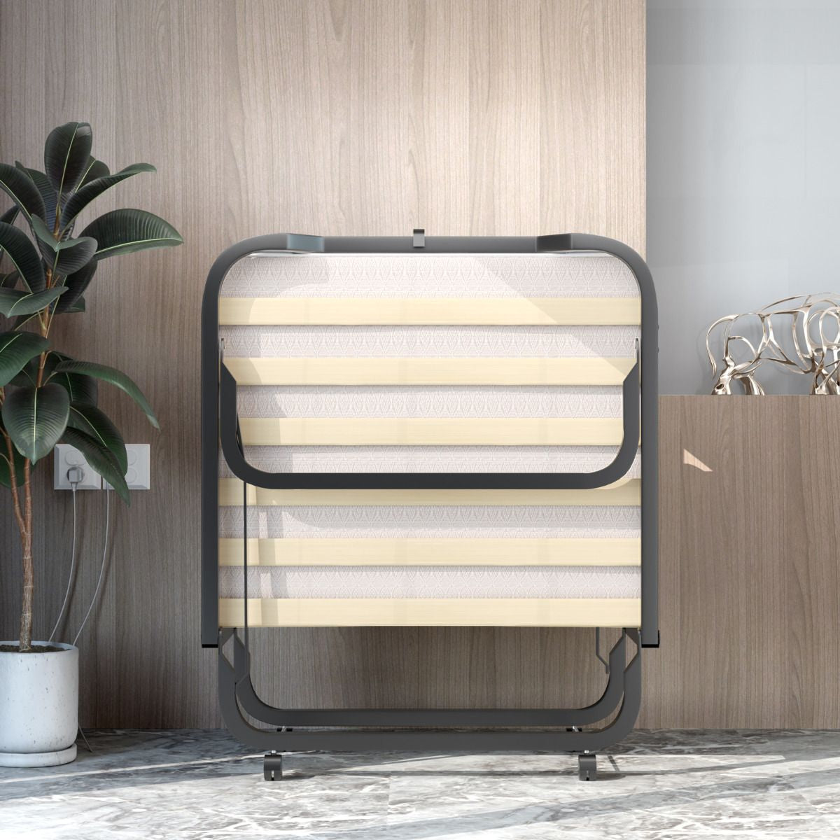 Lit Pliant Sur Roulettes 90 X 200 X 41 CM Lit D'Appoint Avec Matelas En Mousse 10 CM Pour Maison Et Bureau Beige