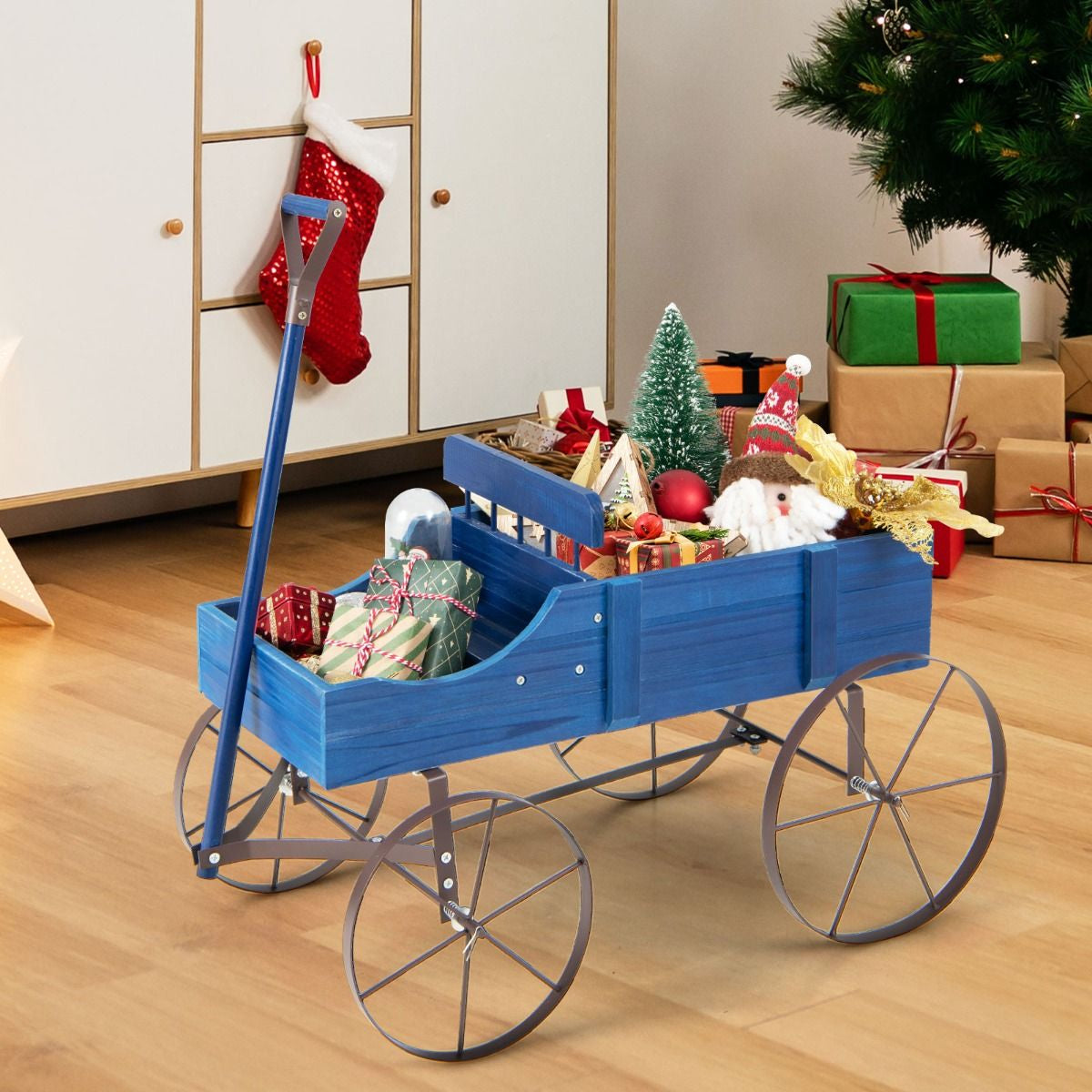 Brouette Décorative En Bois Avec 2 Compartiments À Planter Roues Métalliques Poignée Charge 15Kg Pour Cour Bleu/Café/Gris/Rouge/Vert