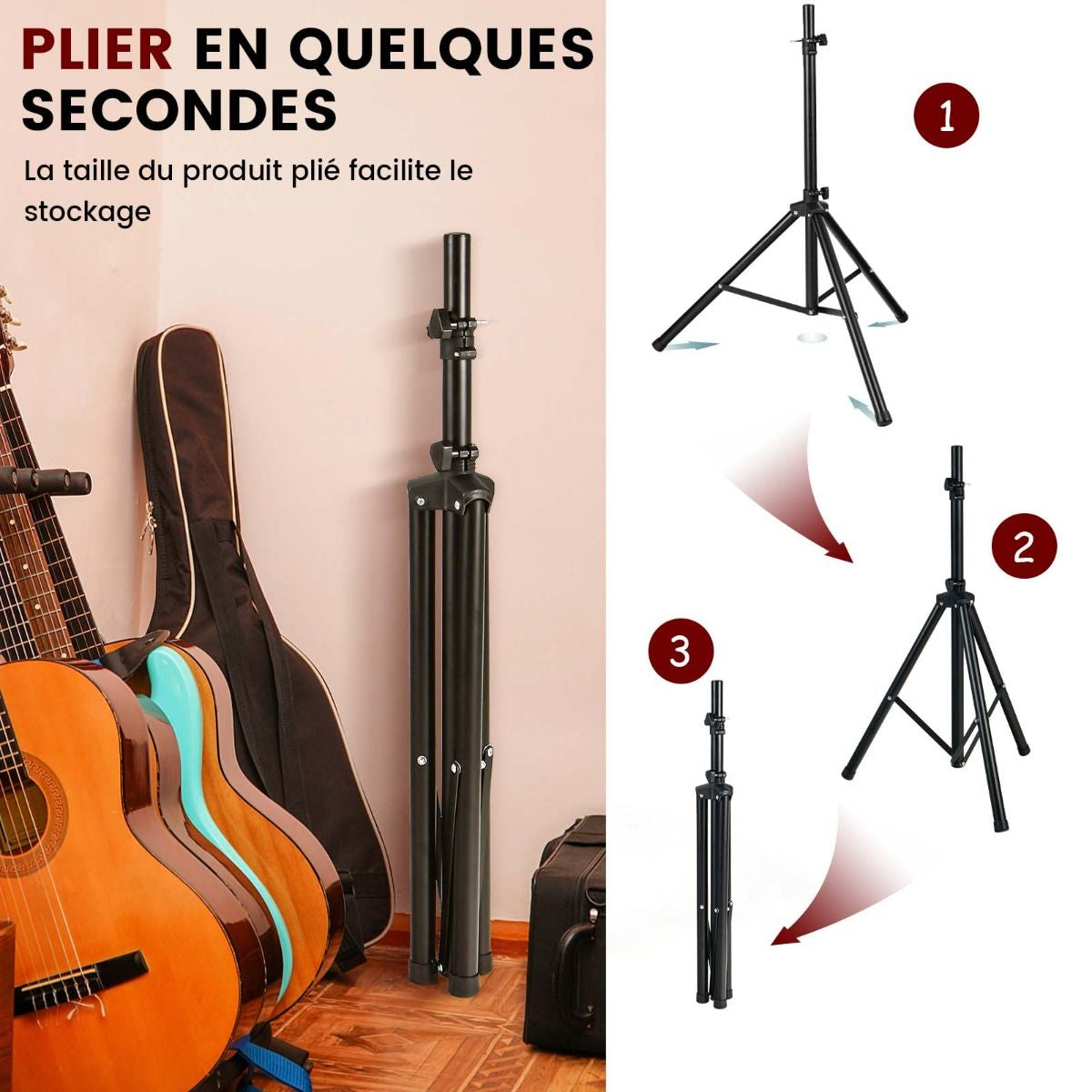 Supports Pour Enceintes Sono DJ Pliable Hauteur Réglable Sur 5 Niveaux Structure En Métal Insert Compatible 35 Mm Noir