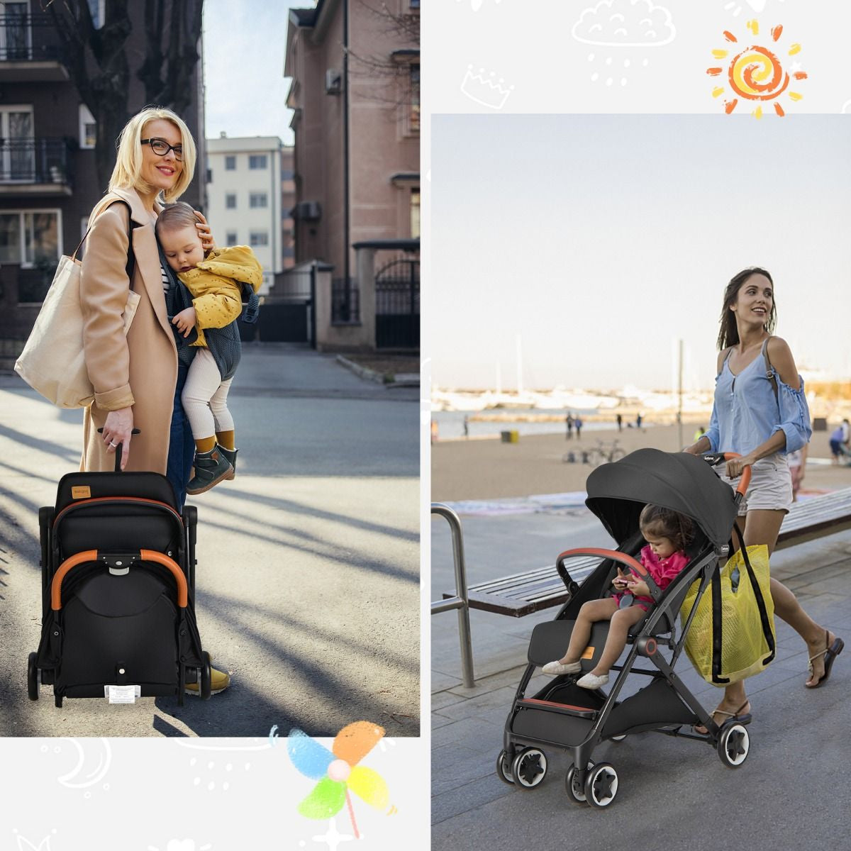 Poussette De Voyage Pour Bébé Avec Pare-Soleil Inclinable Porte-Gobelet Harnais 5 Points Dossier Réglable Chancelière Rangement Inférieur Gris/Noir