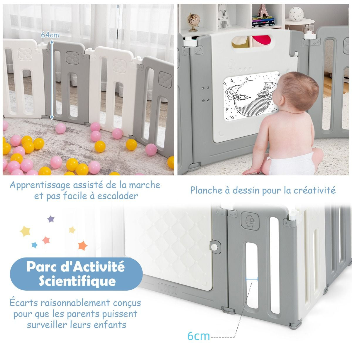 Parc De Sécurité Pour Bébé 14 + 2 Panneaux Avec Barrière De Sécurité Parc De Jeux Pour L'Intérieur Et L'Extérieur Beige + Gris