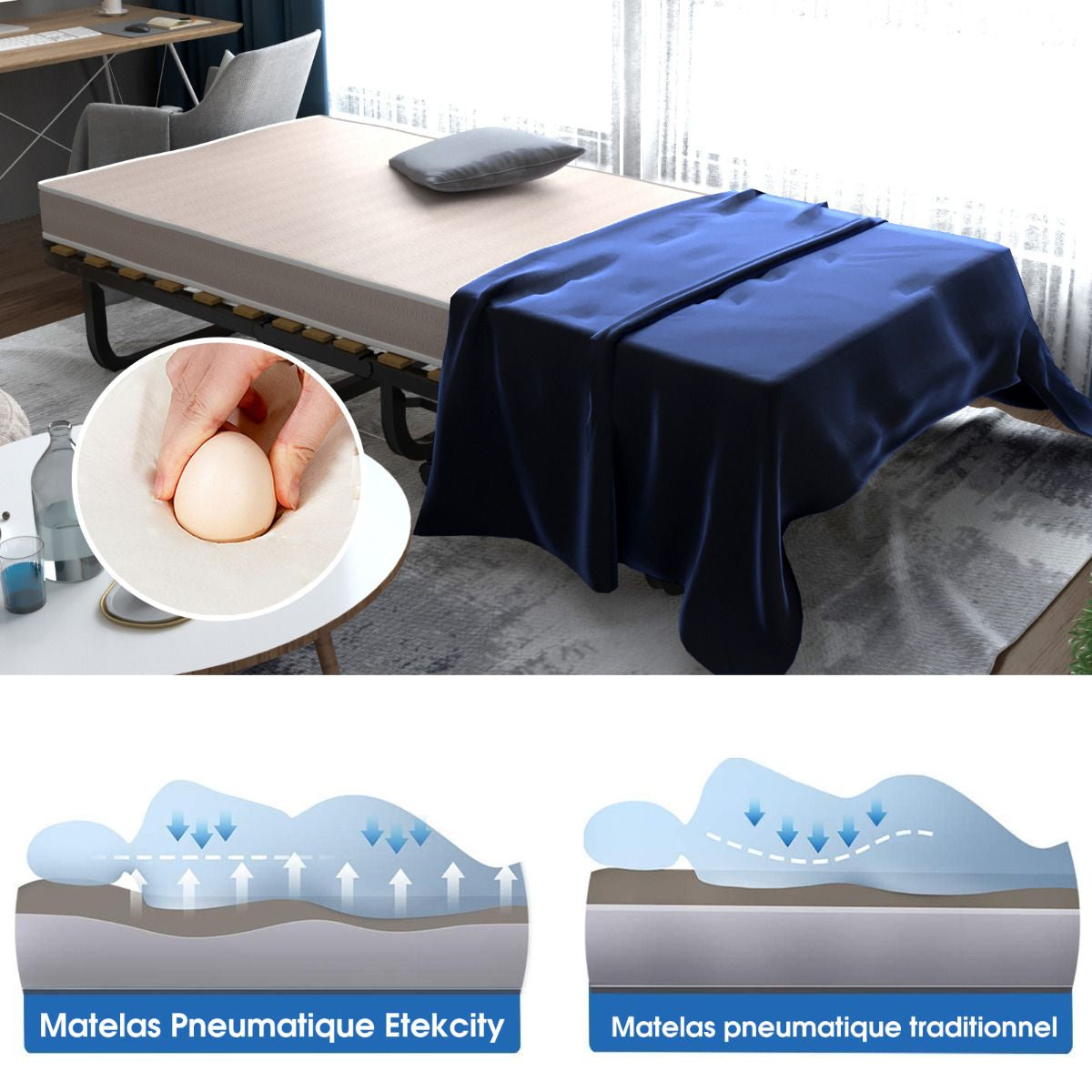 Lit Pliant Sur Roulettes 90 X 200 X 41 CM Lit D'Appoint Avec Matelas En Mousse 10 CM Pour Maison Et Bureau Beige