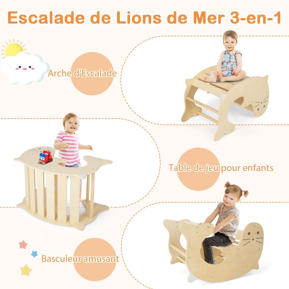 Jouets D'Escalade D'Intérieur 7 En 1 En Bois Pliable Rampe Réversible Chaise À Bascule Otarie Table De Jeu Tunnel Rampant Pour 3-4 Ans Naturel/Multicolore