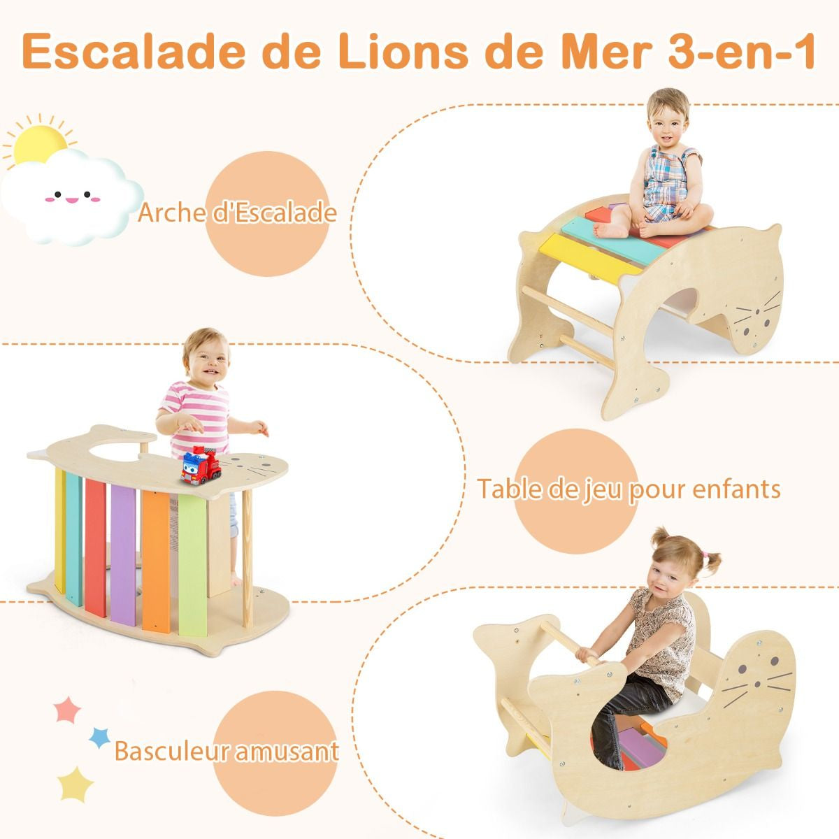 Jouets D'Escalade D'Intérieur 7 En 1 En Bois Pliable Rampe Réversible Chaise À Bascule Otarie Table De Jeu Tunnel Rampant Pour 3-4 Ans Naturel/Multicolore