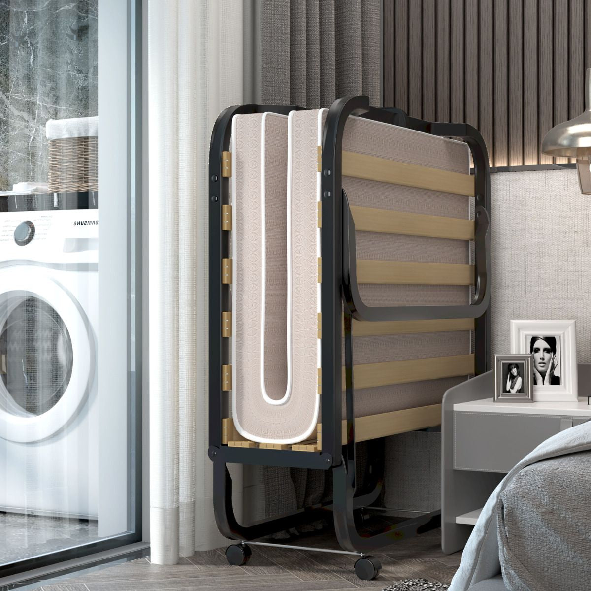Lit Pliant Sur Roulettes 90 X 200 X 41 CM Lit D'Appoint Avec Matelas En Mousse 10 CM Pour Maison Et Bureau Beige