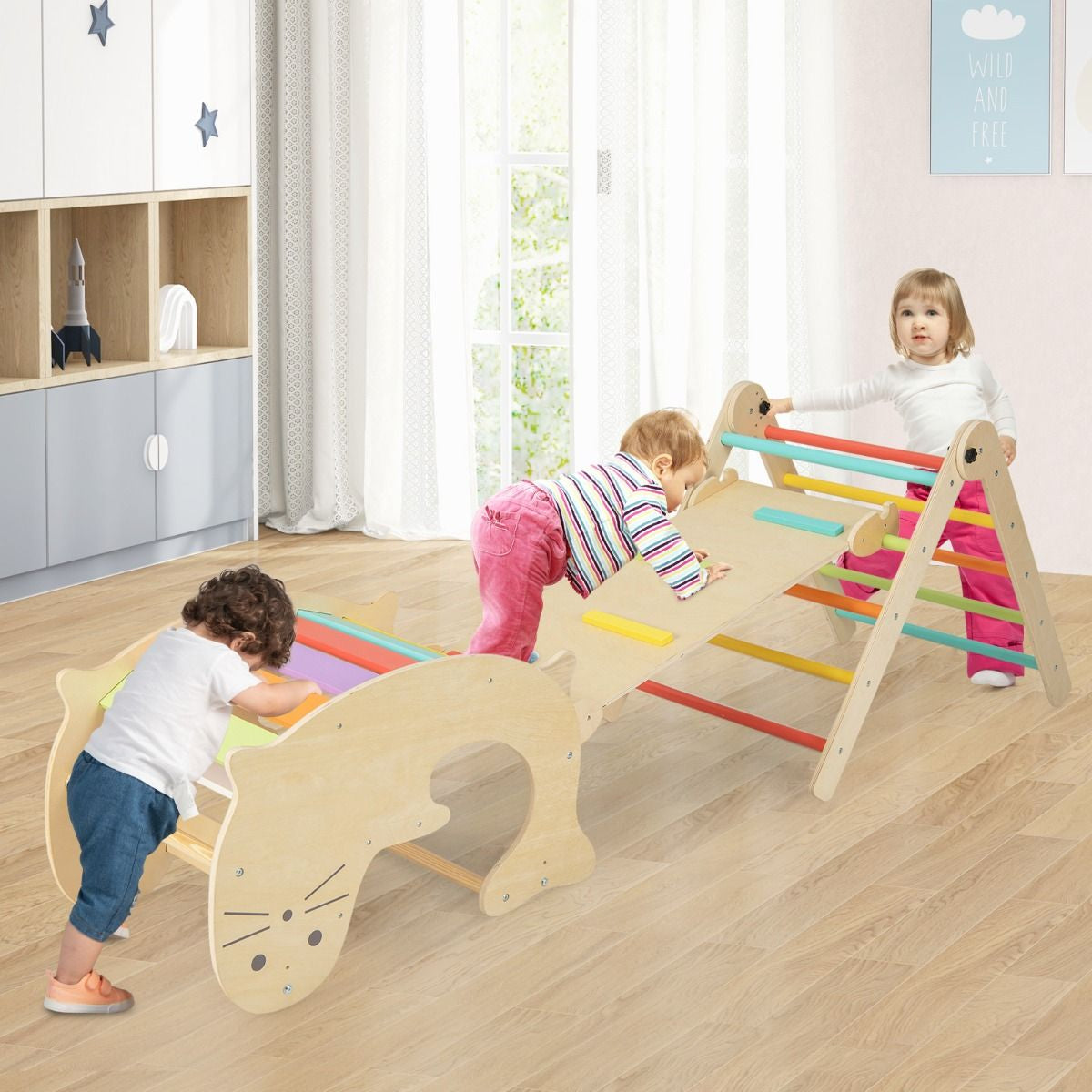 Jouets D'Escalade D'Intérieur 7 En 1 En Bois Pliable Rampe Réversible Chaise À Bascule Otarie Table De Jeu Tunnel Rampant Pour 3-4 Ans Naturel/Multicolore