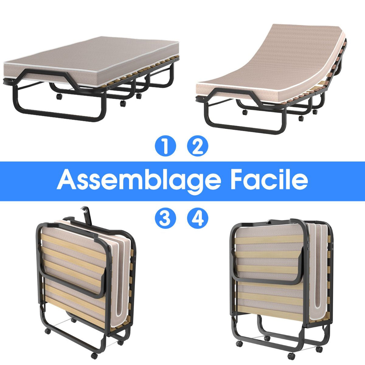Lit Pliant Sur Roulettes 90 X 200 X 41 CM Lit D'Appoint Avec Matelas En Mousse 10 CM Pour Maison Et Bureau Beige
