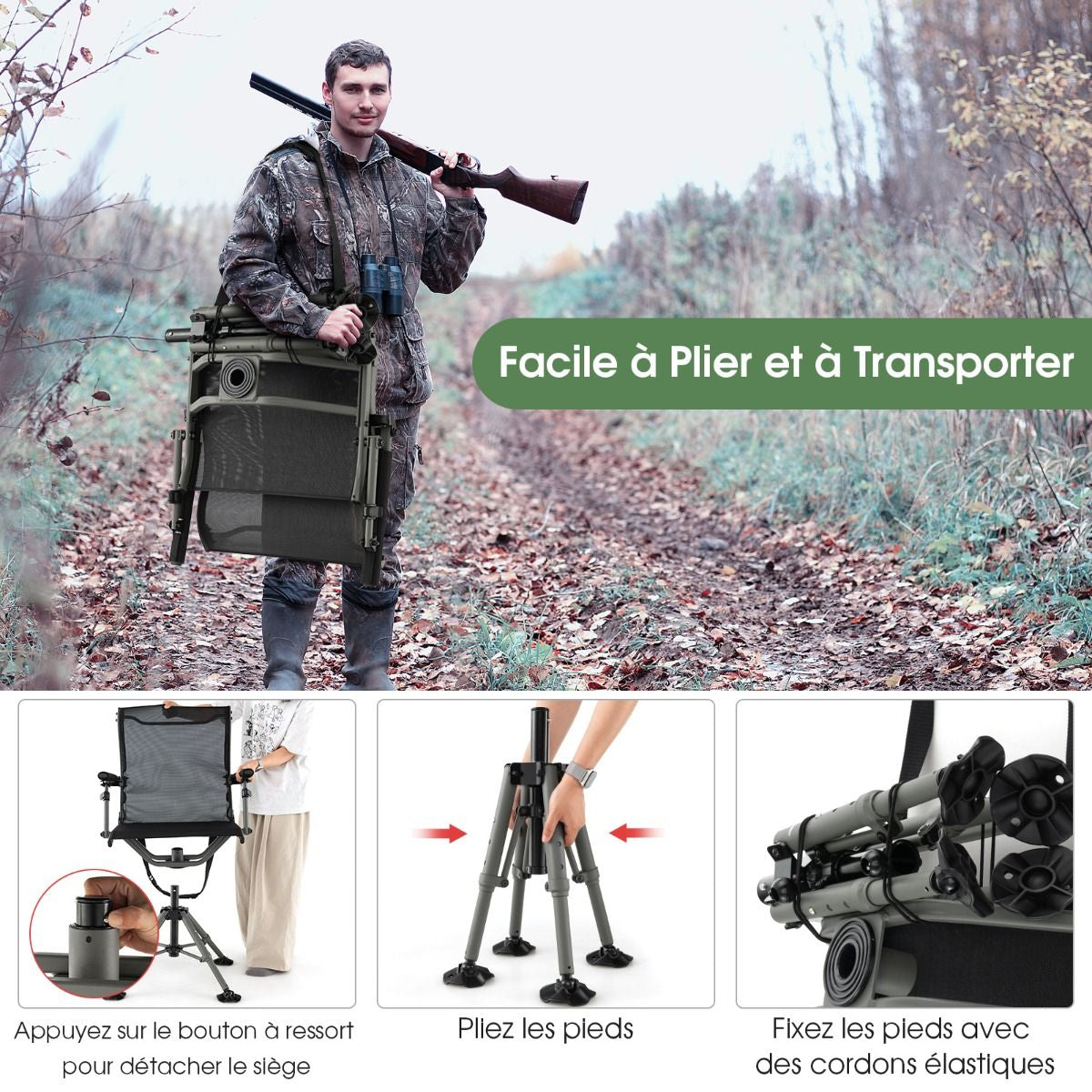 Chaise De Chasse Pivotante À 360° Pliable Hauteur Réglable Repose-Pieds Tout Terrain Accoudoirs Rembourrés Sangle De Transport Capacité 180 Kg Noir