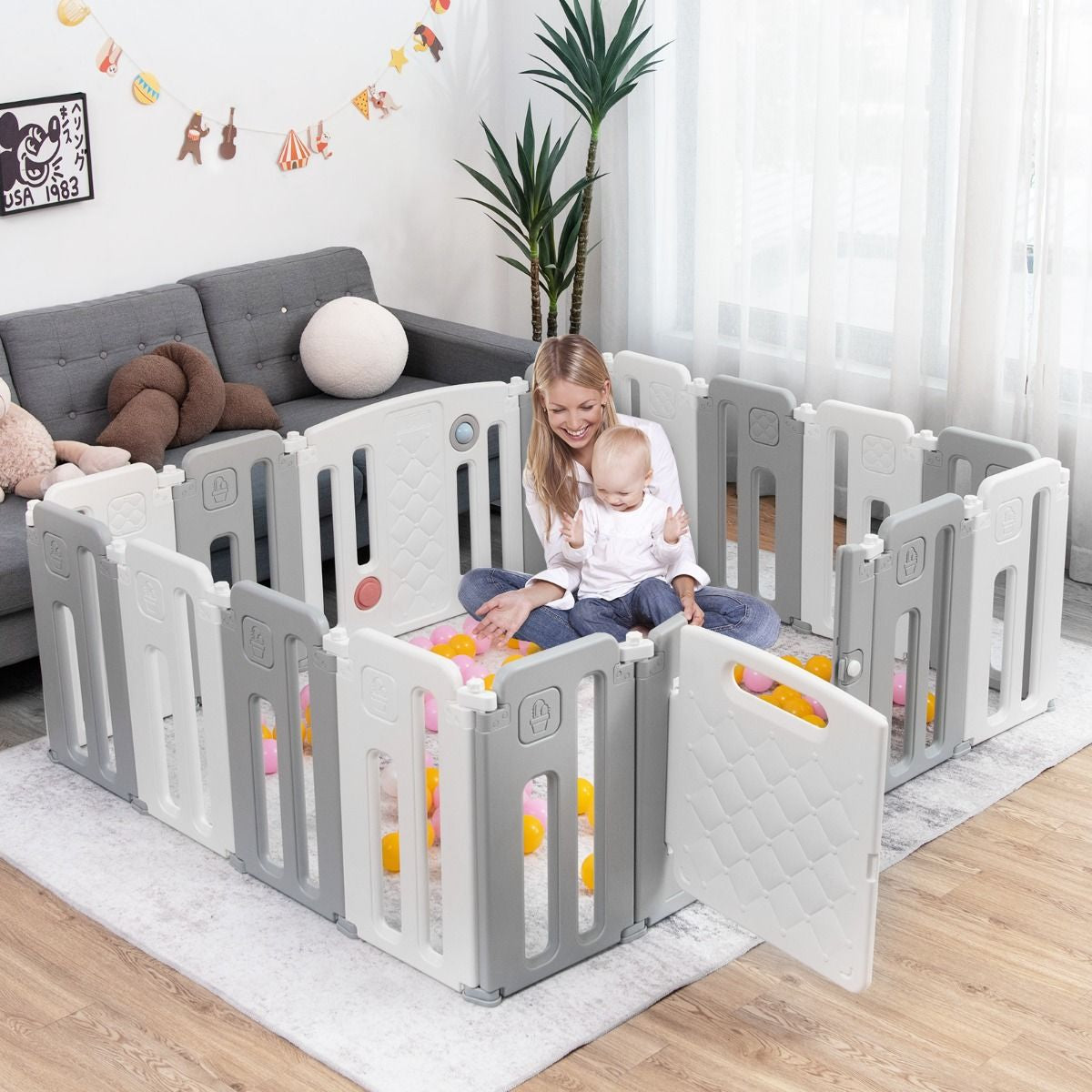 Parc De Sécurité Pour Bébé 14 + 2 Panneaux Avec Barrière De Sécurité Parc De Jeux Pour L'Intérieur Et L'Extérieur Beige + Gris