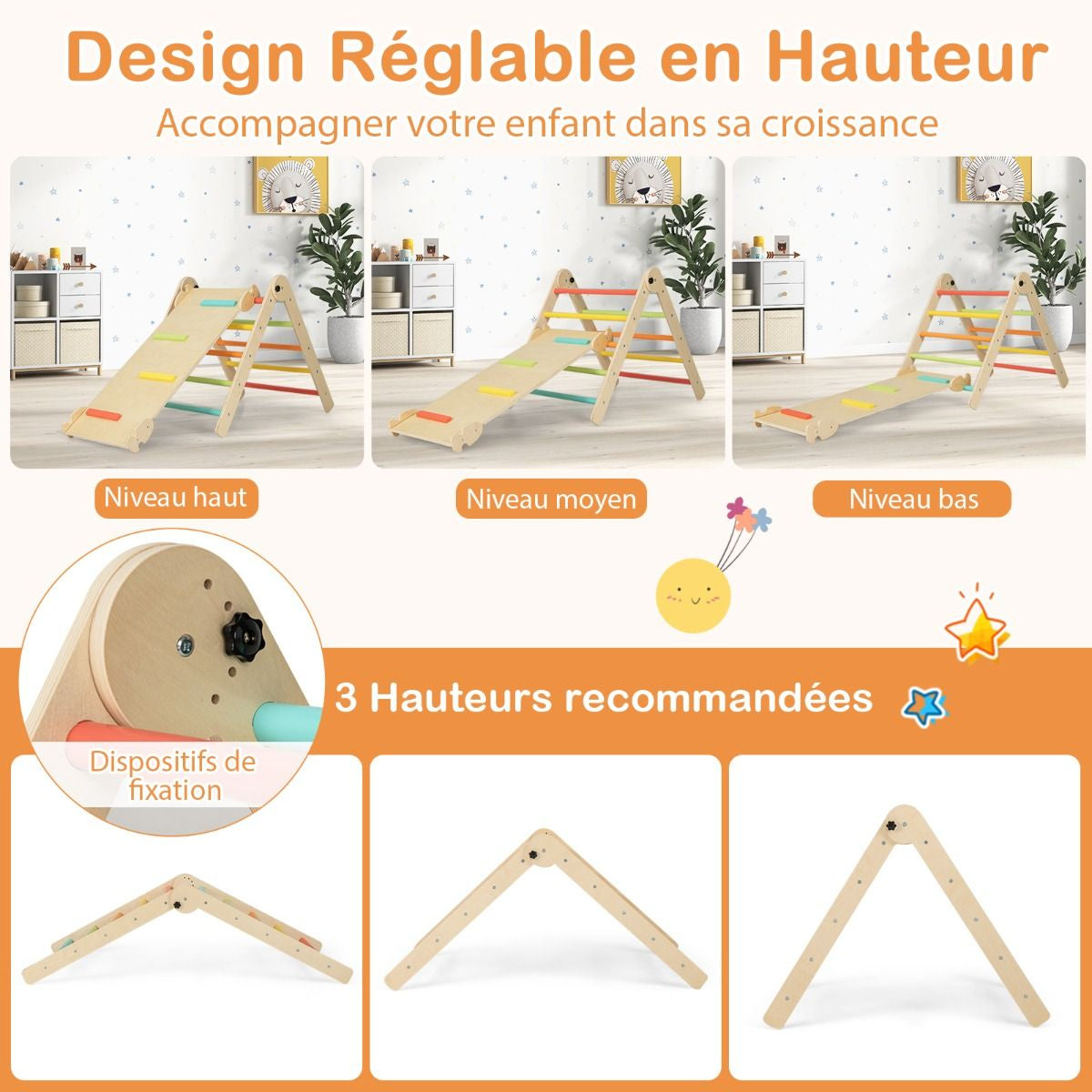Jouets D'Escalade D'Intérieur 7 En 1 En Bois Pliable Rampe Réversible Chaise À Bascule Otarie Table De Jeu Tunnel Rampant Pour 3-4 Ans Naturel/Multicolore
