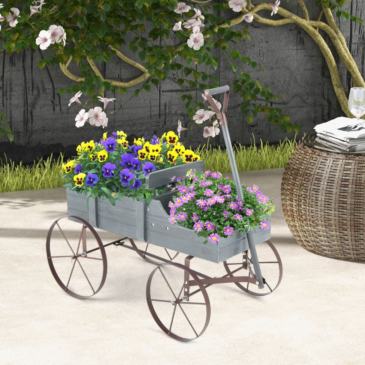 Brouette Décorative En Bois Avec 2 Compartiments À Planter Roues Métalliques Poignée Charge 15Kg Pour Cour Bleu/Café/Gris/Rouge/Vert