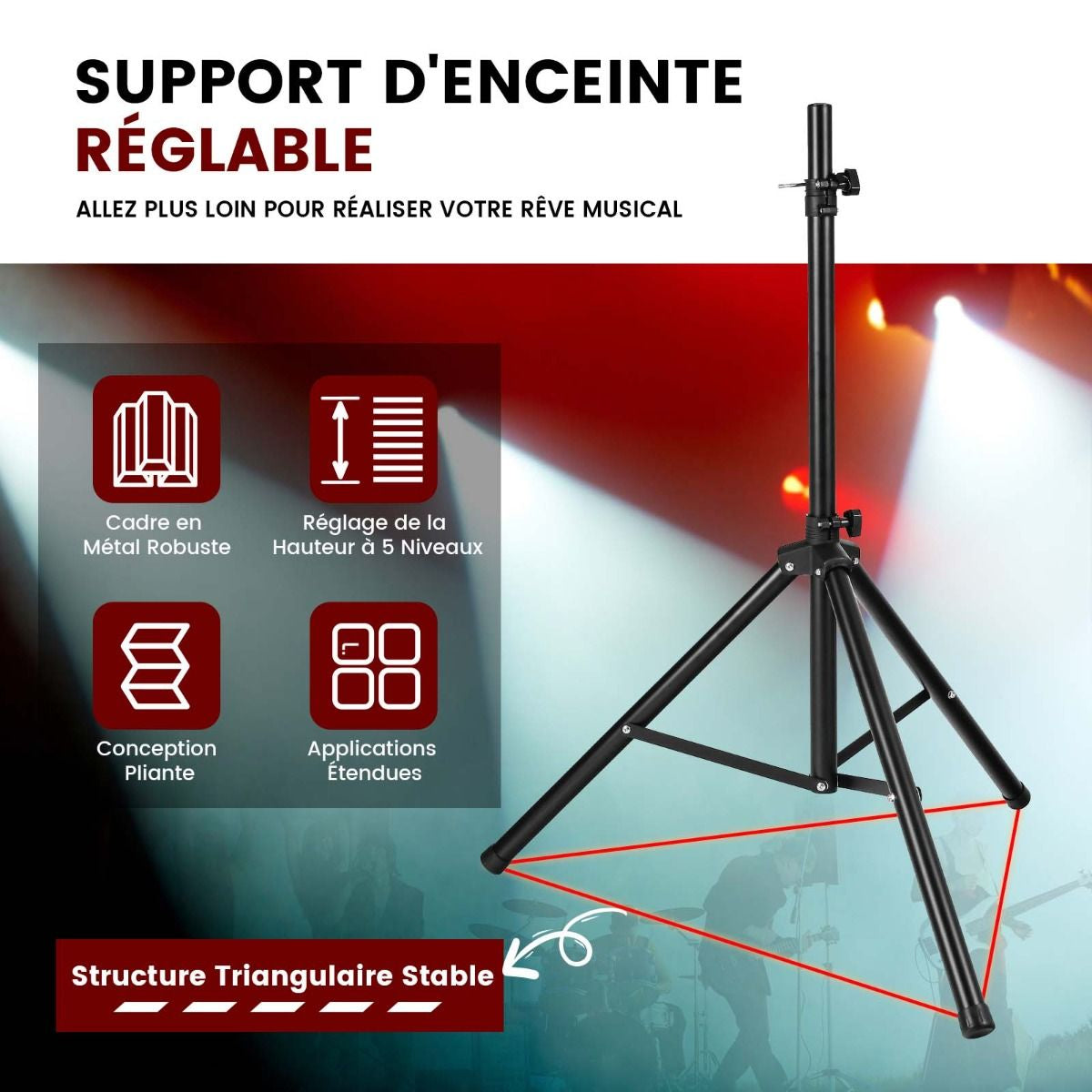 Supports Pour Enceintes Sono DJ Pliable Hauteur Réglable Sur 5 Niveaux Structure En Métal Insert Compatible 35 Mm Noir