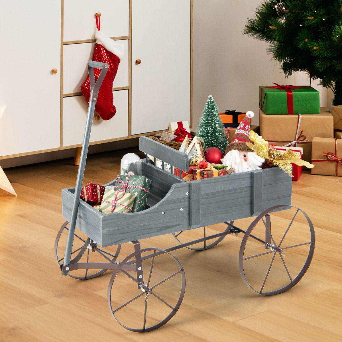 Brouette Décorative En Bois Avec 2 Compartiments À Planter Roues Métalliques Poignée Charge 15Kg Pour Cour Bleu/Café/Gris/Rouge/Vert