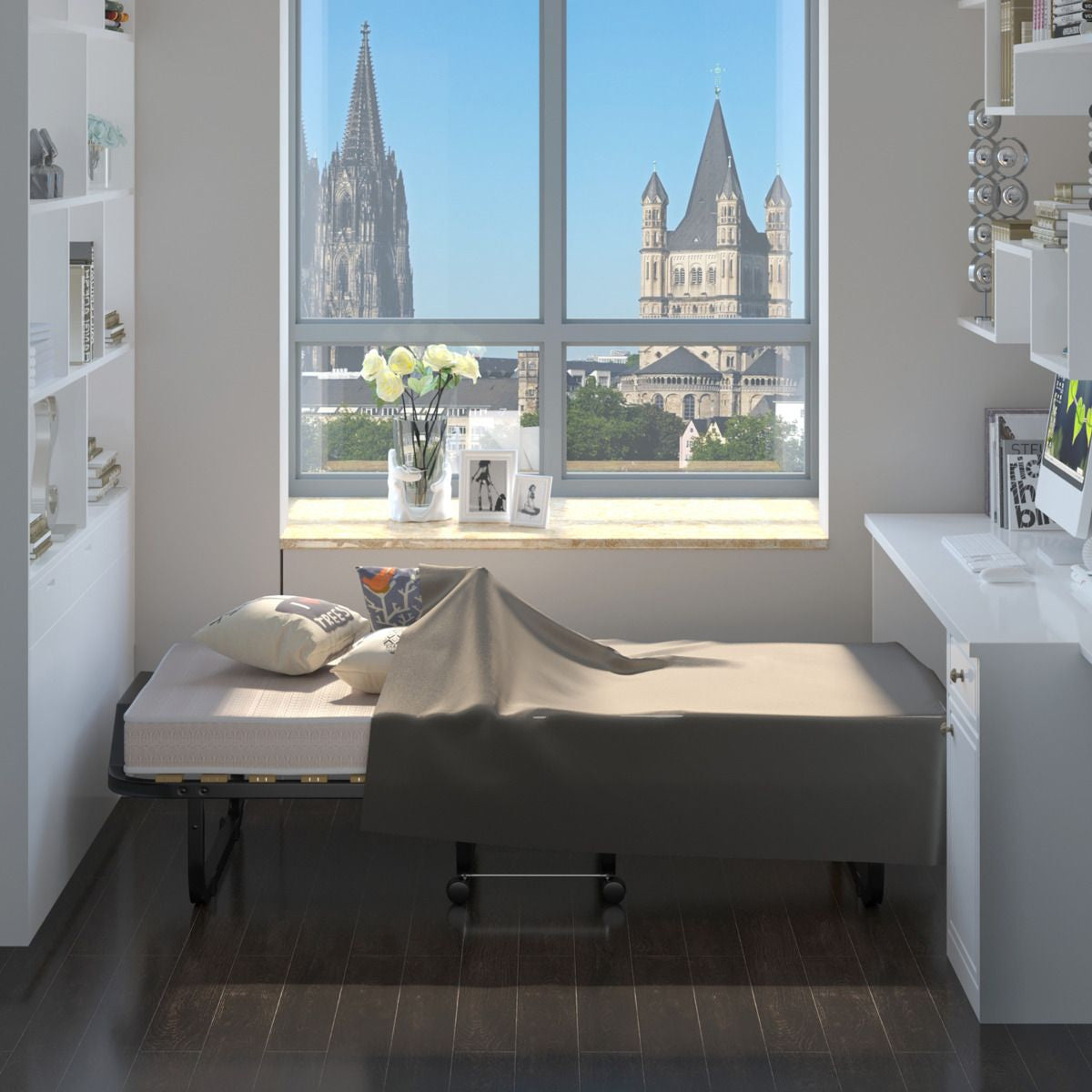 Lit Pliant Sur Roulettes 90 X 200 X 41 CM Lit D'Appoint Avec Matelas En Mousse 10 CM Pour Maison Et Bureau Beige