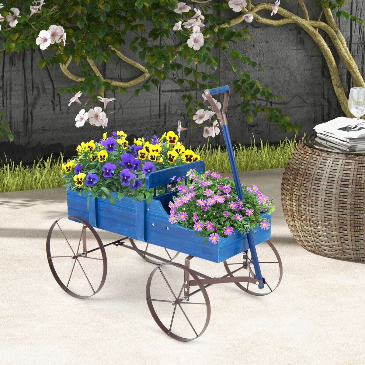 Brouette Décorative En Bois Avec 2 Compartiments À Planter Roues Métalliques Poignée Charge 15Kg Pour Cour Bleu/Café/Gris/Rouge/Vert