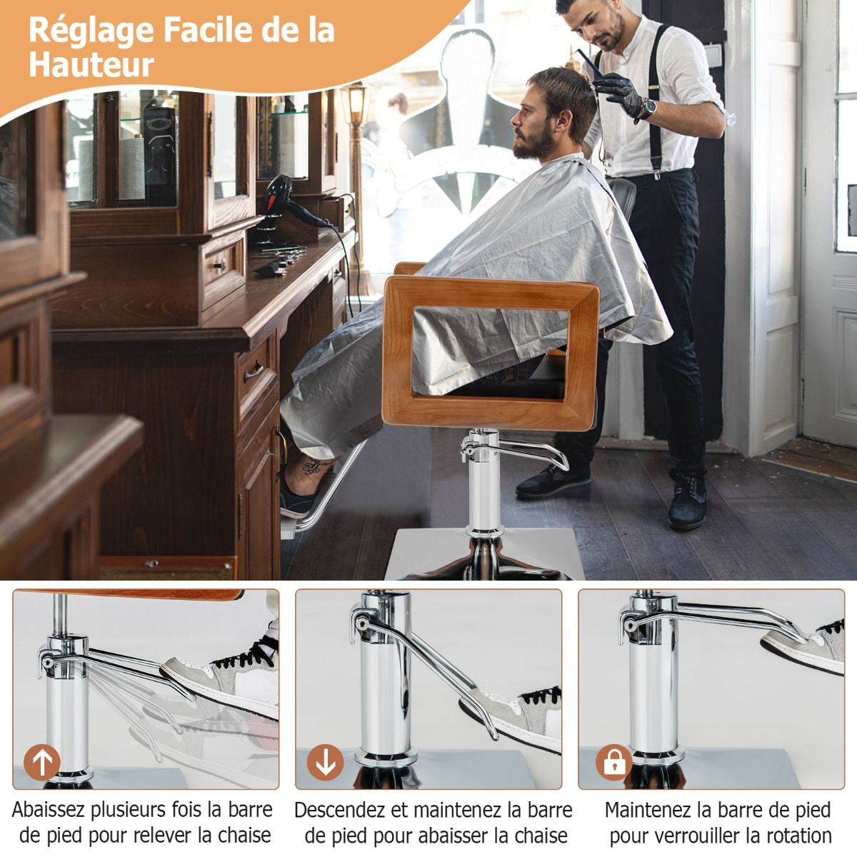 Chaise De Barbier Hydraulique Chaise De Salon De Coiffure Rotative À 360° Hauteur Réglable Chaise De Tatouage Avec Accoudoirs Noir