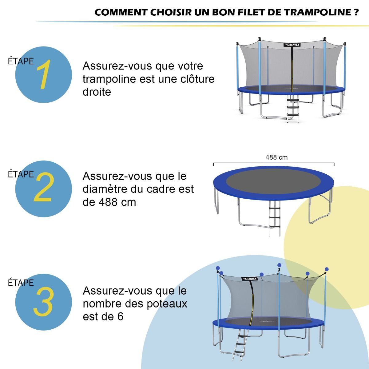 Filet De Sécurité Pour Trampoline 488 Cm Avec 11 Poteaux Fermeture Eclair Double Et Boucles De Protection Intérieur/Extérieur