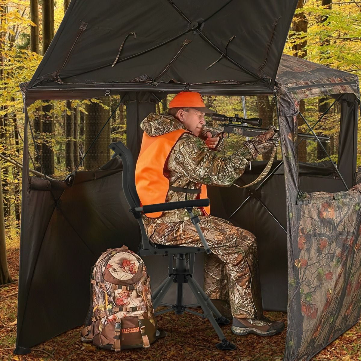 Chaise De Chasse Pivotante À 360° Pliable Hauteur Réglable Repose-Pieds Tout Terrain Accoudoirs Rembourrés Sangle De Transport Capacité 180 Kg Noir