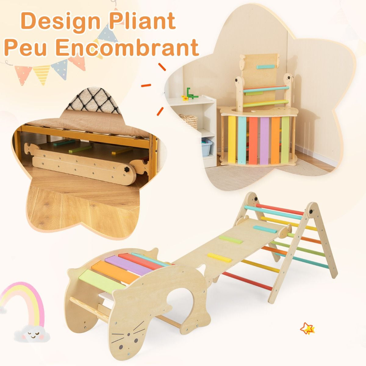 Jouets D'Escalade D'Intérieur 7 En 1 En Bois Pliable Rampe Réversible Chaise À Bascule Otarie Table De Jeu Tunnel Rampant Pour 3-4 Ans Naturel/Multicolore