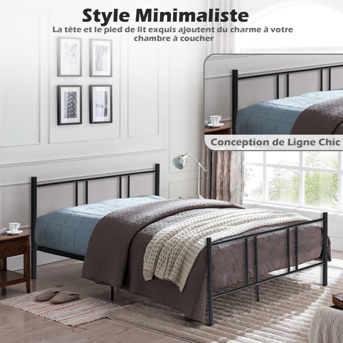 Lit Double Pour Adulte - Cadre De Lit En Métal - 160 X 200 CM - 9 Pieds De Support - Pas De Sommier Nécessaire - Sans Bruit