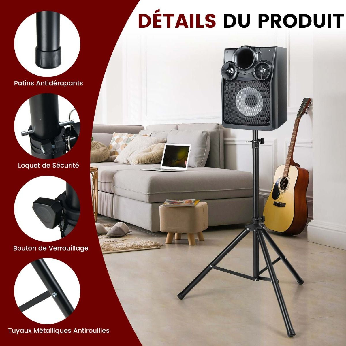 Supports Pour Enceintes Sono DJ Pliable Hauteur Réglable Sur 5 Niveaux Structure En Métal Insert Compatible 35 Mm Noir