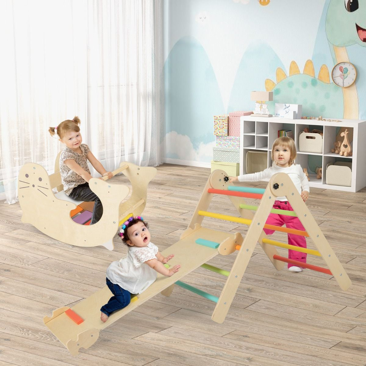 Jouets D'Escalade D'Intérieur 7 En 1 En Bois Pliable Rampe Réversible Chaise À Bascule Otarie Table De Jeu Tunnel Rampant Pour 3-4 Ans Naturel/Multicolore