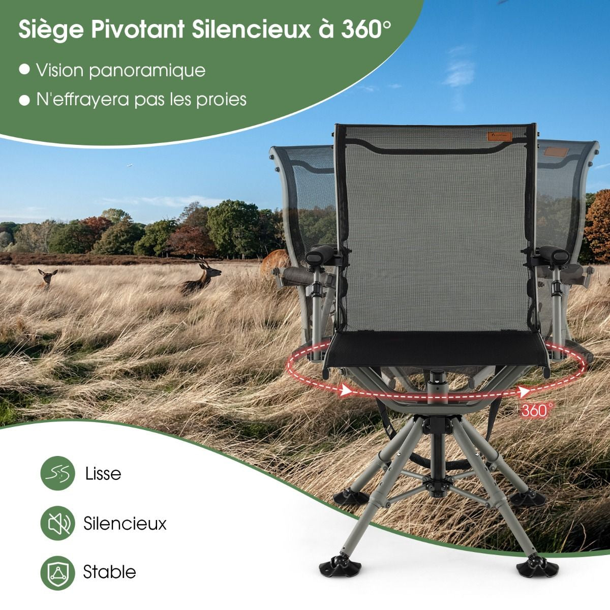 Chaise De Chasse Pivotante À 360° Pliable Hauteur Réglable Repose-Pieds Tout Terrain Accoudoirs Rembourrés Sangle De Transport Capacité 180 Kg Noir