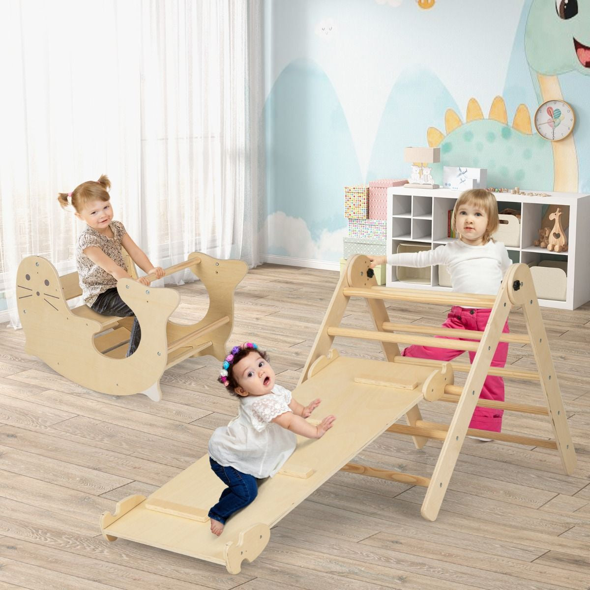 Jouets D'Escalade D'Intérieur 7 En 1 En Bois Pliable Rampe Réversible Chaise À Bascule Otarie Table De Jeu Tunnel Rampant Pour 3-4 Ans Naturel/Multicolore