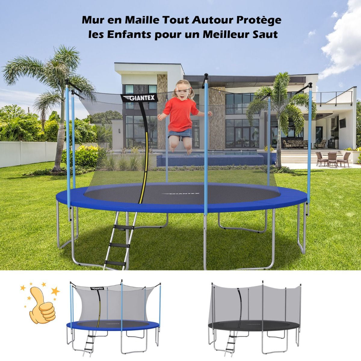 Filet De Sécurité Pour Trampoline 488 Cm Avec 11 Poteaux Fermeture Eclair Double Et Boucles De Protection Intérieur/Extérieur
