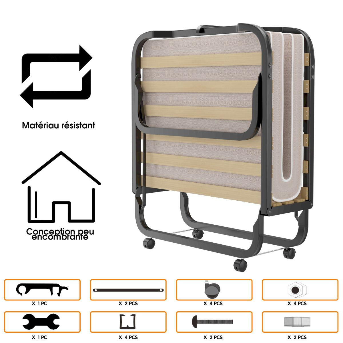 Lit Pliant Sur Roulettes 90 X 200 X 41 CM Lit D'Appoint Avec Matelas En Mousse 10 CM Pour Maison Et Bureau Beige