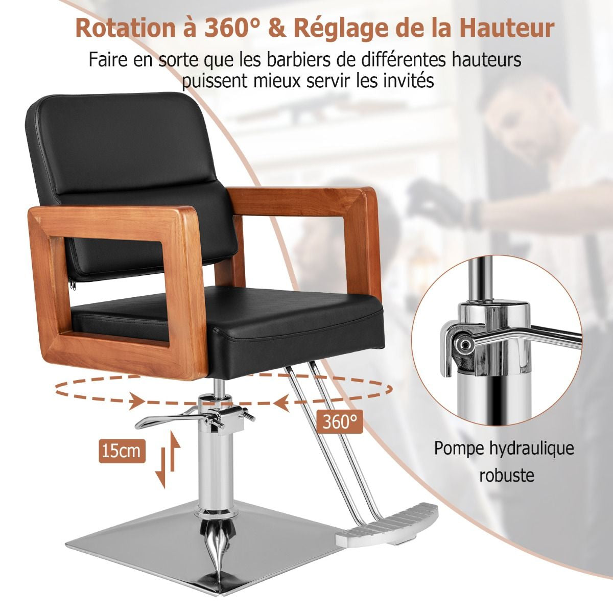 Chaise De Barbier Hydraulique Chaise De Salon De Coiffure Rotative À 360° Hauteur Réglable Chaise De Tatouage Avec Accoudoirs Noir
