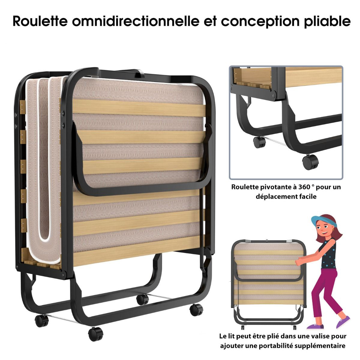 Lit Pliant Sur Roulettes 90 X 200 X 41 CM Lit D'Appoint Avec Matelas En Mousse 10 CM Pour Maison Et Bureau Beige