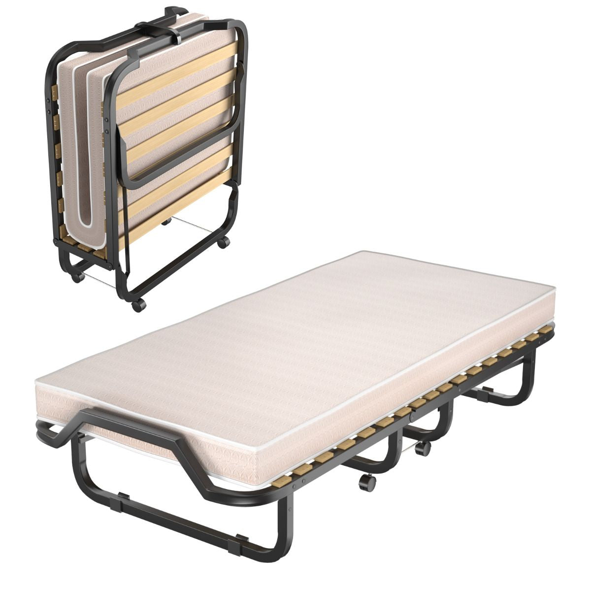 Lit Pliant Sur Roulettes 90 X 200 X 41 CM Lit D'Appoint Avec Matelas En Mousse 10 CM Pour Maison Et Bureau Beige