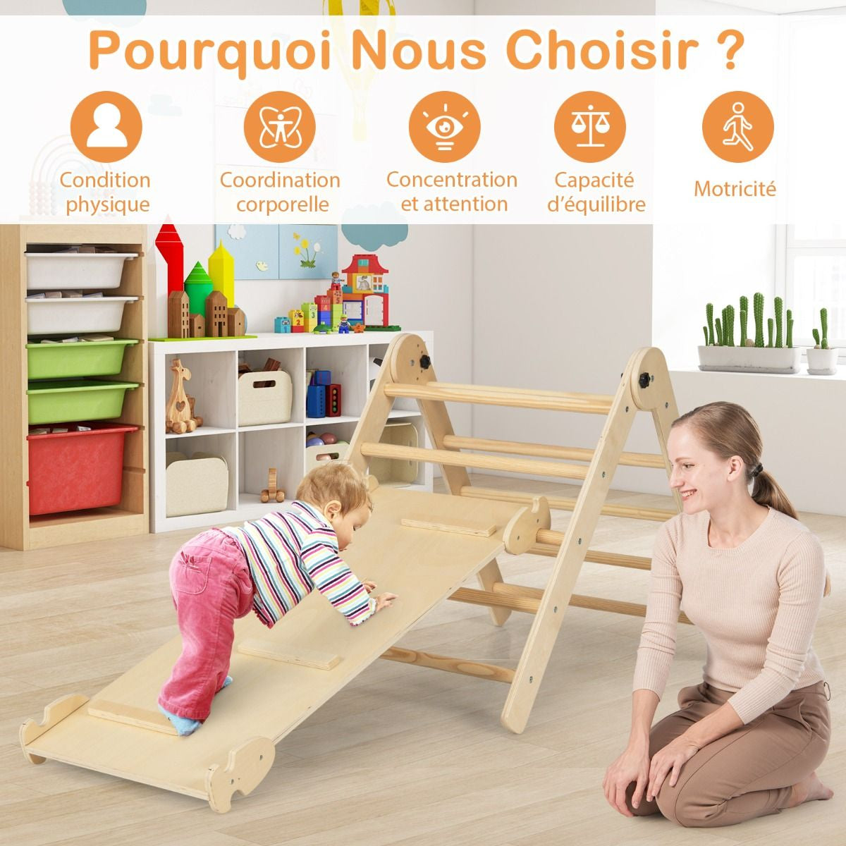 Jouets D'Escalade D'Intérieur 7 En 1 En Bois Pliable Rampe Réversible Chaise À Bascule Otarie Table De Jeu Tunnel Rampant Pour 3-4 Ans Naturel/Multicolore