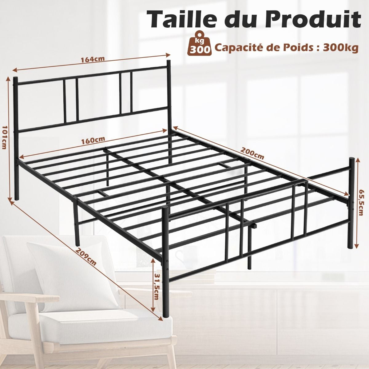 Lit Double Pour Adulte - Cadre De Lit En Métal - 160 X 200 CM - 9 Pieds De Support - Pas De Sommier Nécessaire - Sans Bruit