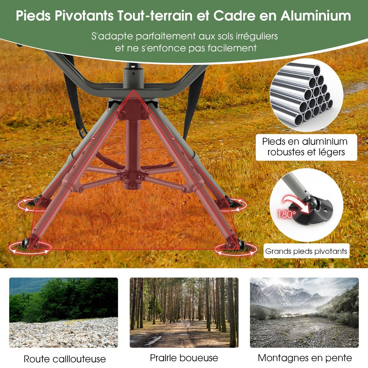 Chaise De Chasse Pivotante À 360° Pliable Hauteur Réglable Repose-Pieds Tout Terrain Accoudoirs Rembourrés Sangle De Transport Capacité 180 Kg Noir