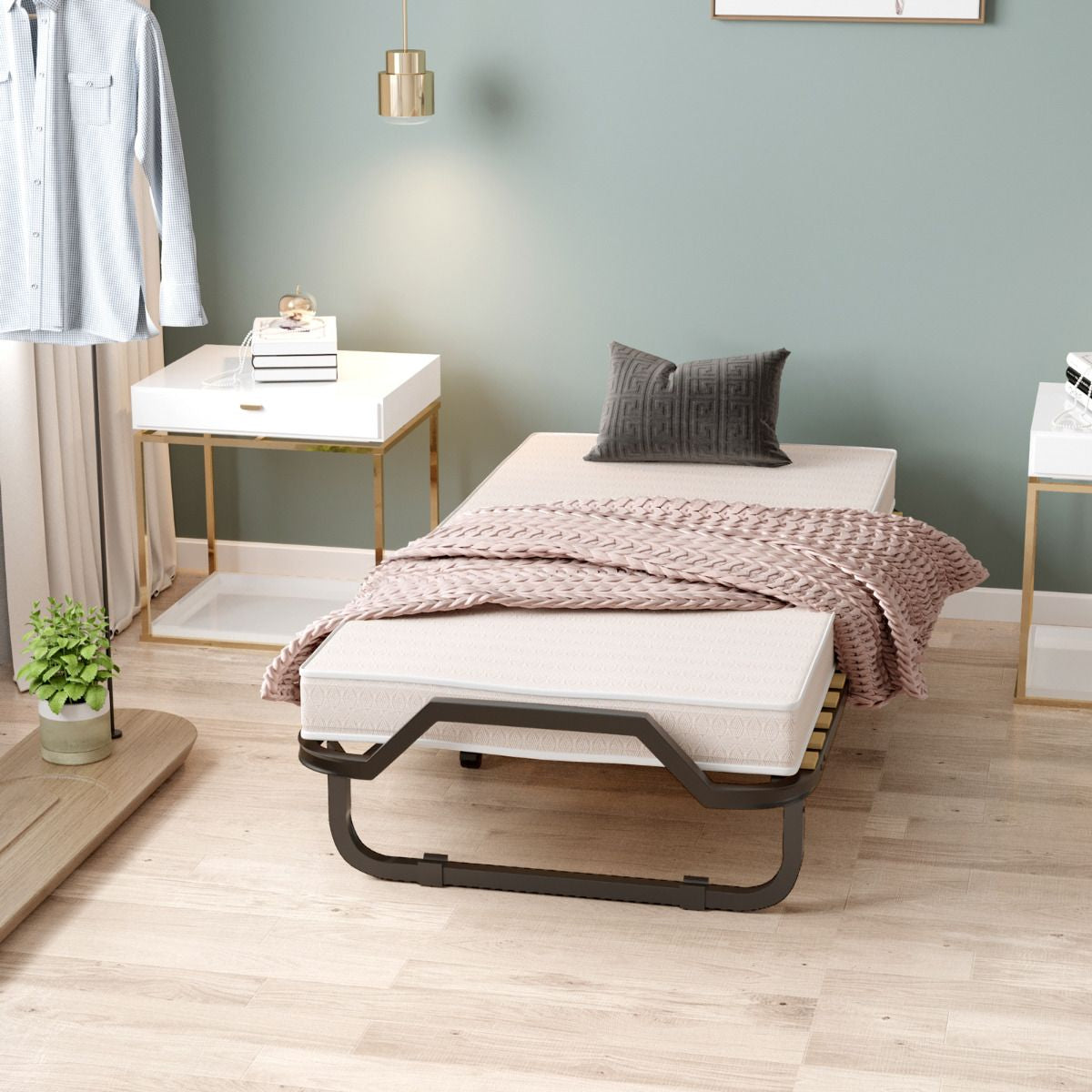 Lit Pliant Sur Roulettes 90 X 200 X 41 CM Lit D'Appoint Avec Matelas En Mousse 10 CM Pour Maison Et Bureau Beige