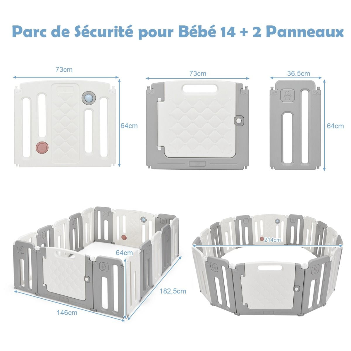 Parc De Sécurité Pour Bébé 14 + 2 Panneaux Avec Barrière De Sécurité Parc De Jeux Pour L'Intérieur Et L'Extérieur Beige + Gris