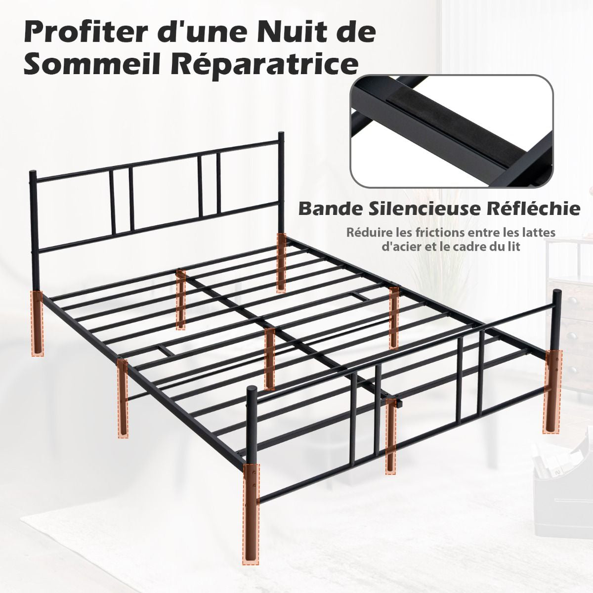 Lit Double Pour Adulte - Cadre De Lit En Métal - 160 X 200 CM - 9 Pieds De Support - Pas De Sommier Nécessaire - Sans Bruit