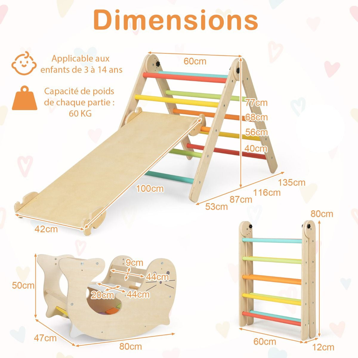 Jouets D'Escalade D'Intérieur 7 En 1 En Bois Pliable Rampe Réversible Chaise À Bascule Otarie Table De Jeu Tunnel Rampant Pour 3-4 Ans Naturel/Multicolore
