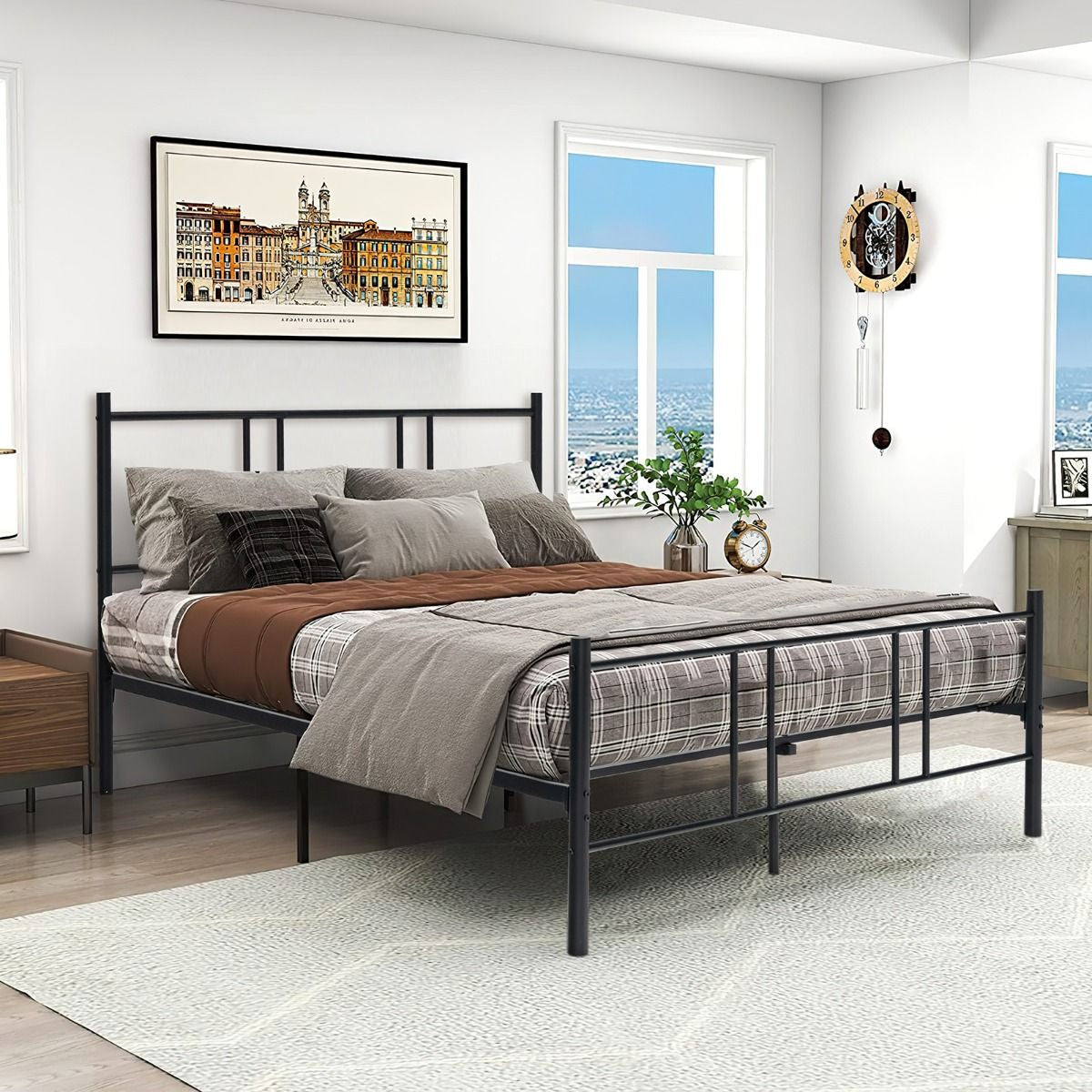 Lit Double Pour Adulte - Cadre De Lit En Métal - 160 X 200 CM - 9 Pieds De Support - Pas De Sommier Nécessaire - Sans Bruit