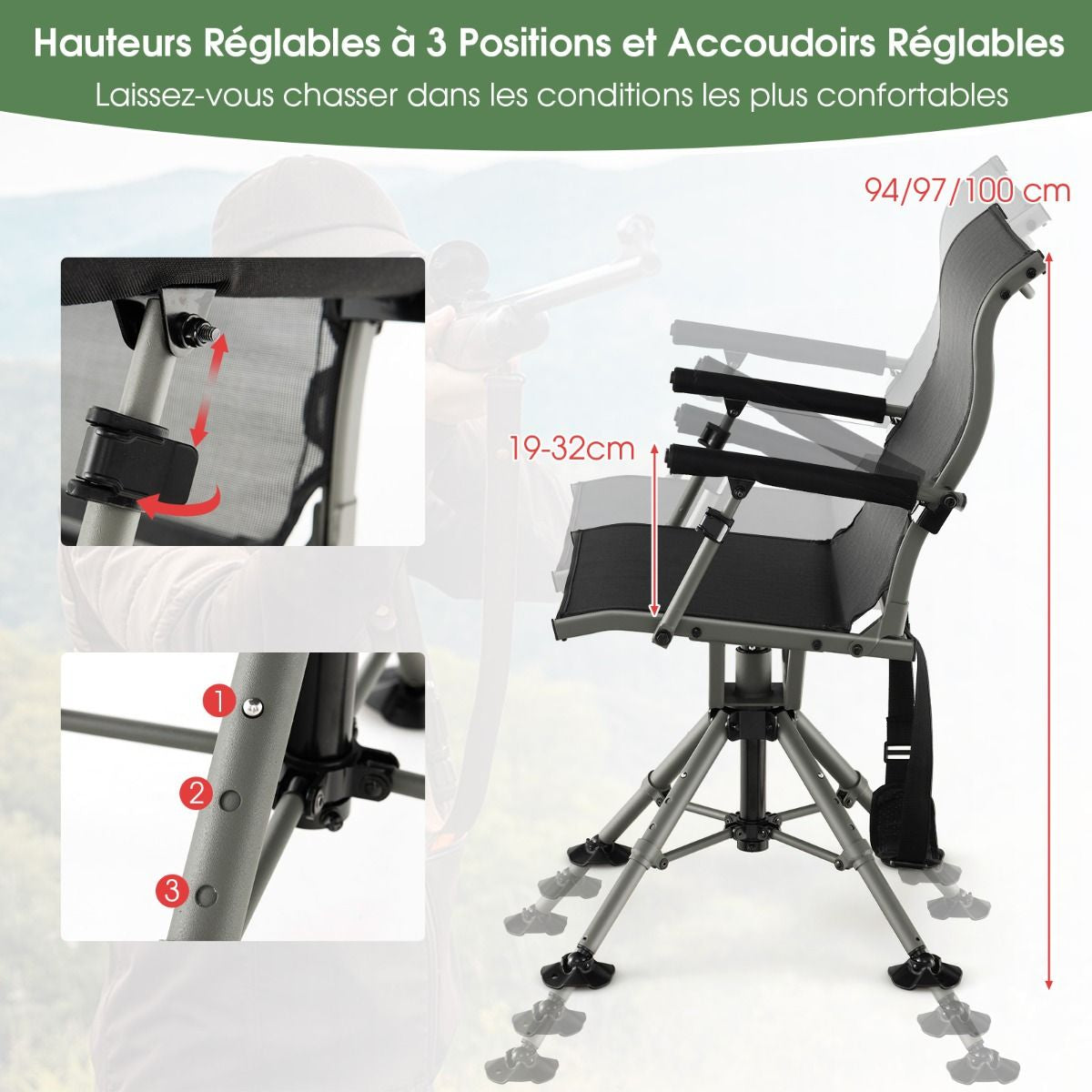 Chaise De Chasse Pivotante À 360° Pliable Hauteur Réglable Repose-Pieds Tout Terrain Accoudoirs Rembourrés Sangle De Transport Capacité 180 Kg Noir