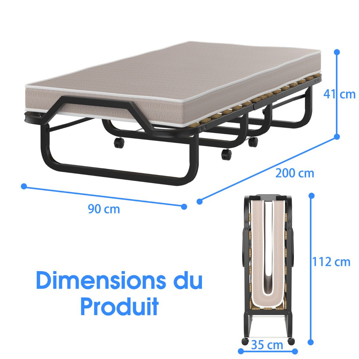 Lit Pliant Sur Roulettes 90 X 200 X 41 CM Lit D'Appoint Avec Matelas En Mousse 10 CM Pour Maison Et Bureau Beige
