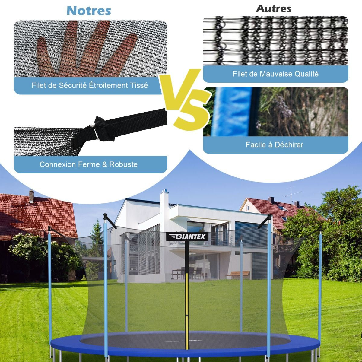 Filet De Sécurité Pour Trampoline 488 Cm Avec 11 Poteaux Fermeture Eclair Double Et Boucles De Protection Intérieur/Extérieur