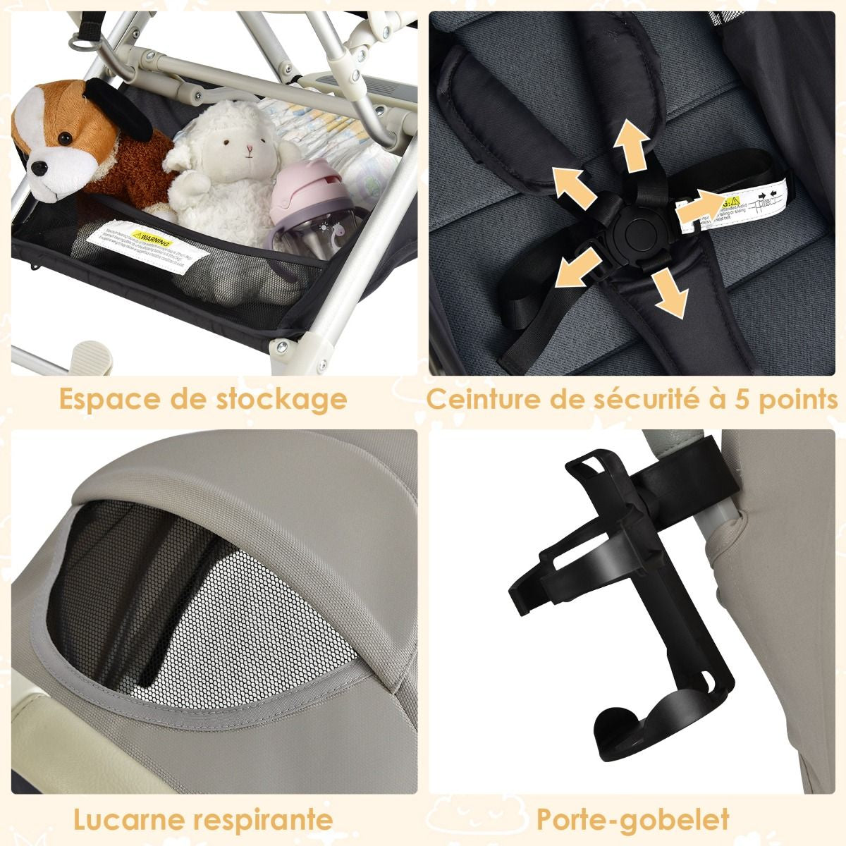 Poussette De Voyage Pour Bébé Avec Pare-Soleil Inclinable Porte-Gobelet Harnais 5 Points Dossier Réglable Chancelière Rangement Inférieur Gris/Noir