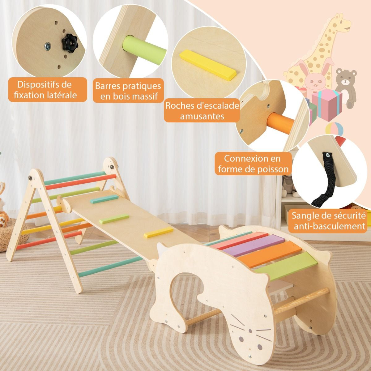 Jouets D'Escalade D'Intérieur 7 En 1 En Bois Pliable Rampe Réversible Chaise À Bascule Otarie Table De Jeu Tunnel Rampant Pour 3-4 Ans Naturel/Multicolore